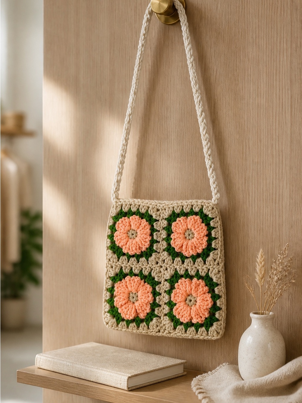 Beige Crochet Floral Crossbody Bag with Peach Flowers